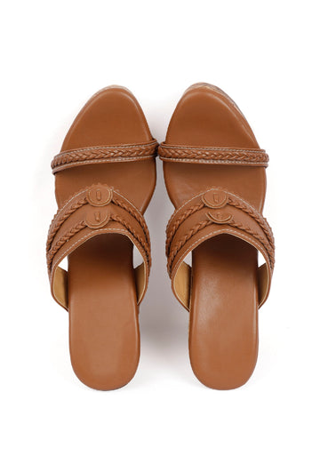 Caramel Brown Wooden Carved Braided & Textured Wedges